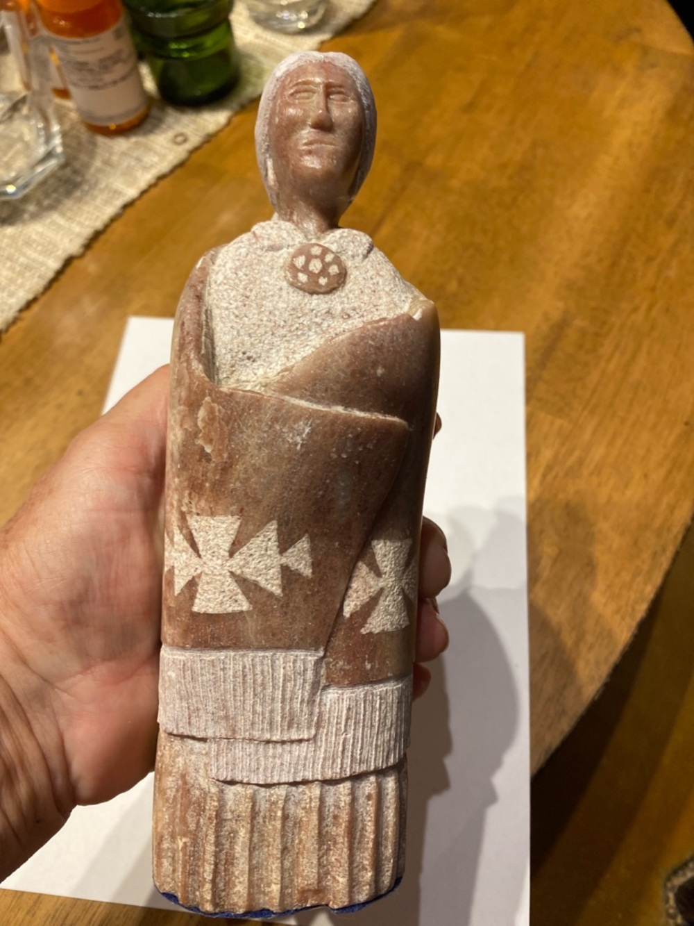 Hand carved Native American stone sculpture. Possibly Utah Alabaster 8.25” tall